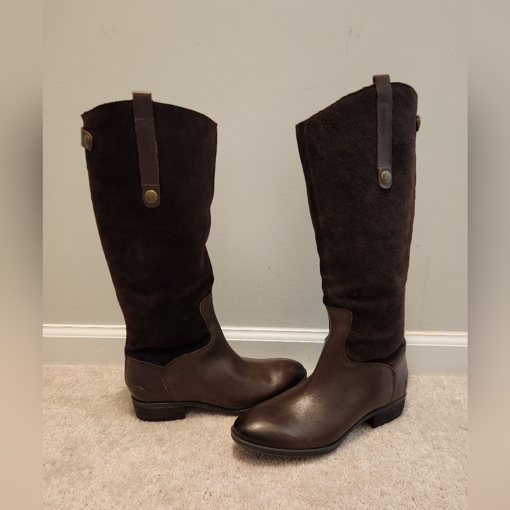 Sam Edelman Tall Brown Leather & Suede Riding Boots Button Accent Size 9